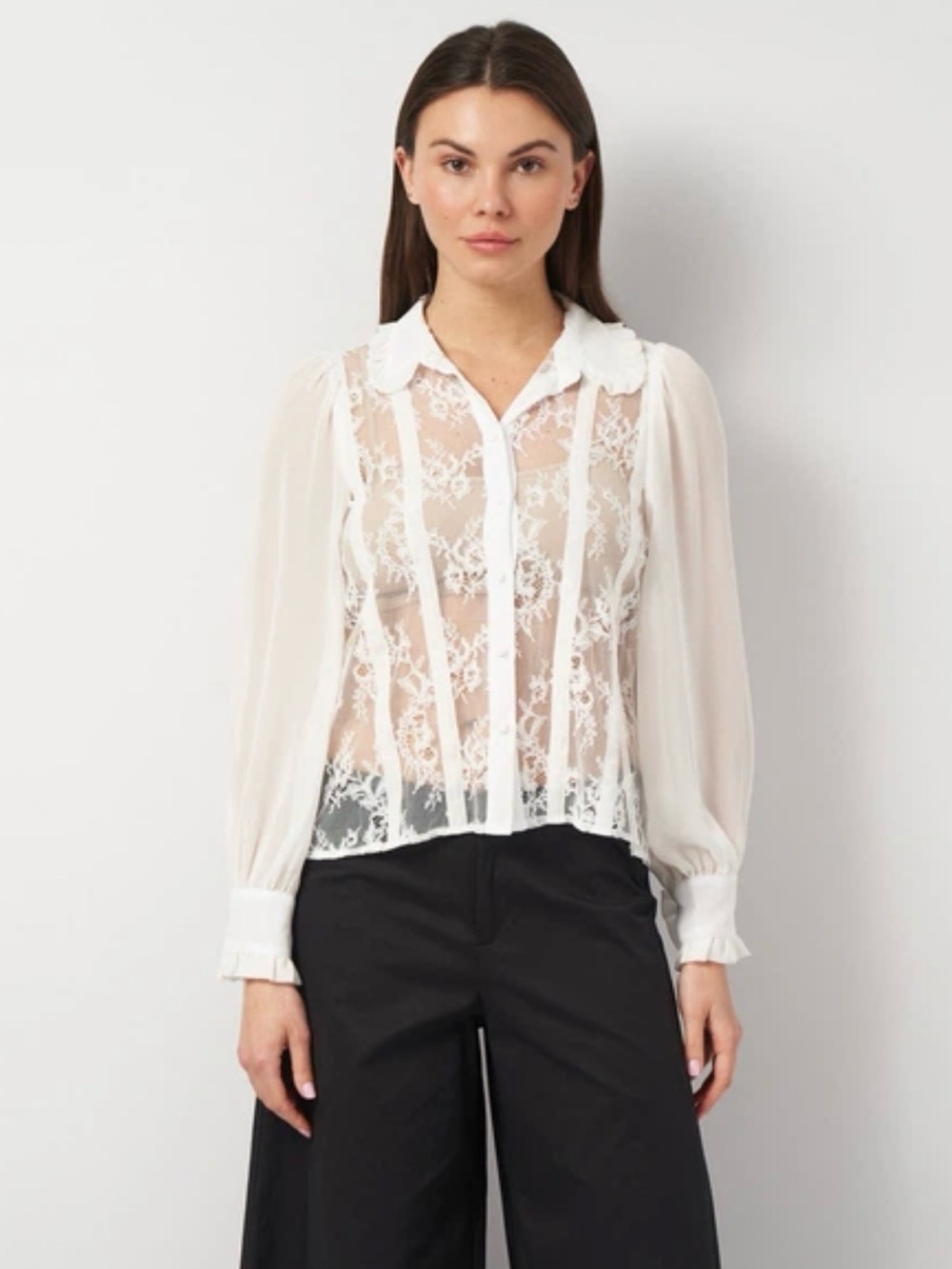Zara White Sheer Floral Lace Long-Sleeve Blouse